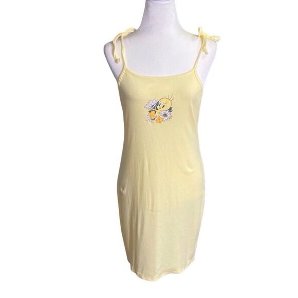 Looney Tunes Tweety Bird Yellow Ribbed Knit Tank Mini Dress Size Large NEW - Picture 1 of 5
